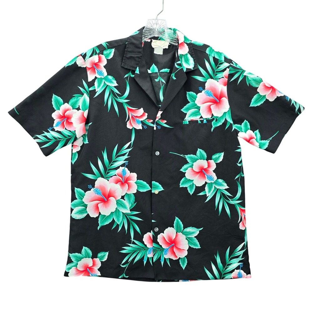 Royal Creations Black Floral Beach Tropical Surf Island Relax Hawaiian Shirt‎ M